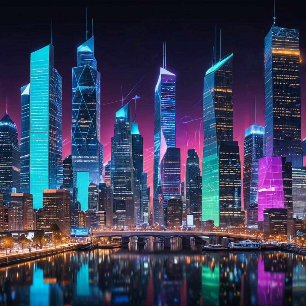 A futuristic cityscape with towering skyscrapers, connected by a web of illuminated digital networks representing financial transactions. Highlight a central, sleek ECPay terminal with people using various devices to make seamless payments. Include holographic currency symbols and charts displaying transaction data. super-realistic. vibrant colors. 3D.