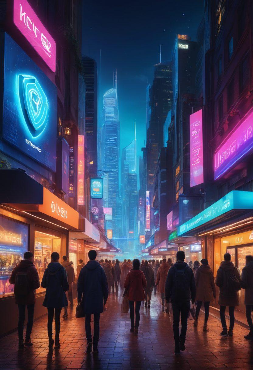 A dynamic cityscape with people using mobile wallets and contactless cards at various kiosks and stores, highlighting a secure, futuristic vibe. Emphasize security icons like shields and padlocks subtly integrated into the scene, with a glowing ECPay logo in the background. neon lights. super-realistic. vibrant colors.