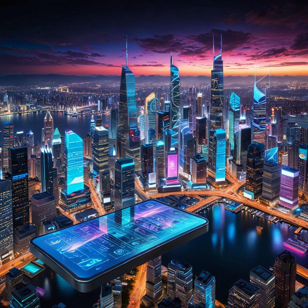 A futuristic digital cityscape with holographic financial transactions occurring in the air, showcasing security icons and digital wallets. Neon-lit data streams flow across the scene, representing advanced payment technologies. Super-realistic. Vibrant colors. Cyberpunk aesthetics.